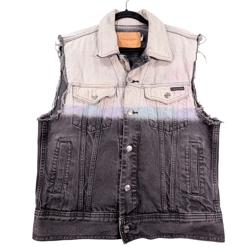 Calvin‎ Klein Denim Vest Ombre Dip Dye 100% Cotton M Gray Grunge Streetwear